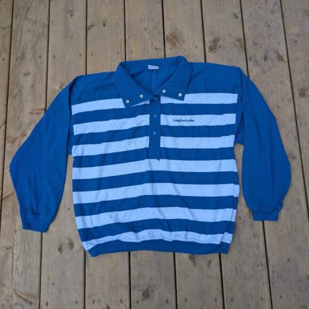 Vintage Lady Foot Locker Blue & White Striped Polo Shirt XL